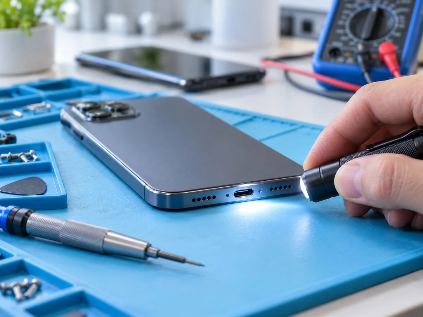 Illustrative close-up of phone charging-port diagnostics