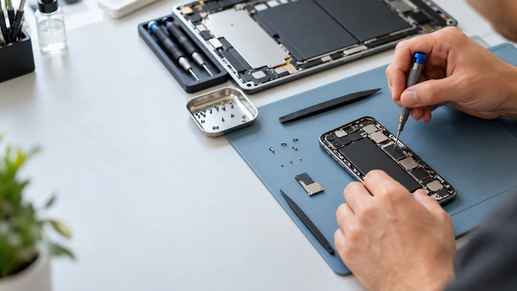 AI-generated illustrative smartphone and tablet repair workbench