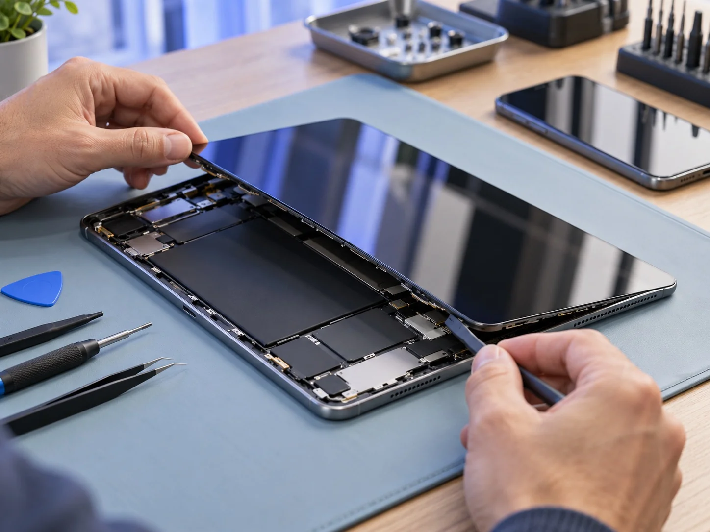 AI-generated illustrative tablet screen repair scene